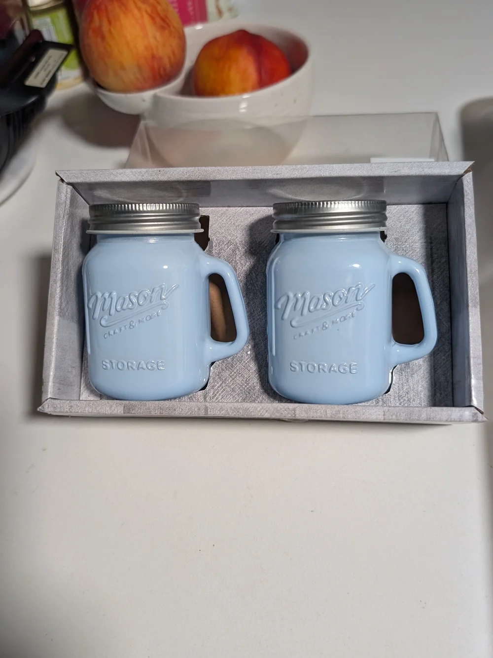 Light Blue Ceramic Mason Jar Salt And Pepper- Lite Blue NIB